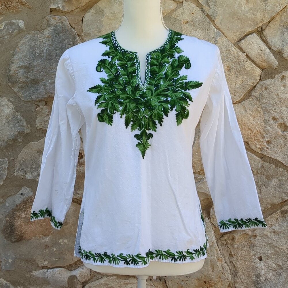 White With Green Embroidery Linen Top